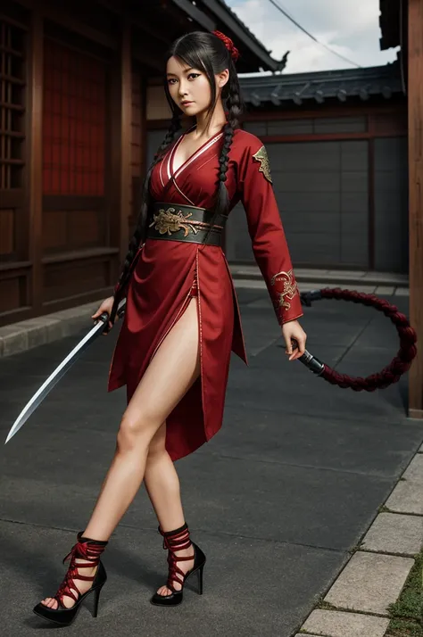 Realistic game character girl with a katana black long braid of hair, red short Japanese dress with dragon characters, green eyes in heels 