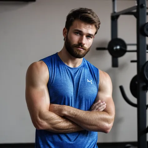 raw-foto, close full body portrait of handsome man with beard in sportswear, with arms crossed, he is standing in a gym, detaile...