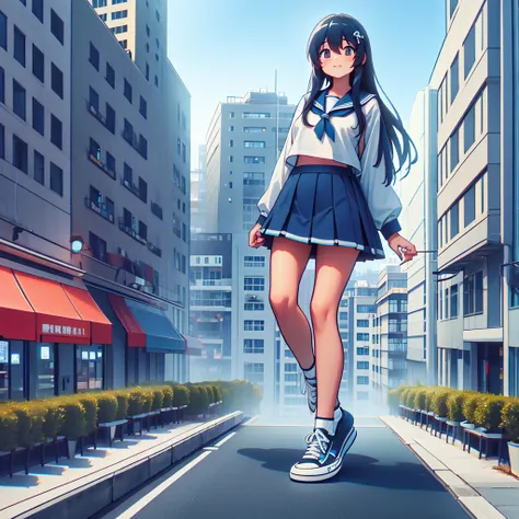 5000m miki hayaka, the city is at your feet, wear light blue sneakers, it stands on a building，overlooking the town, a girl tall...