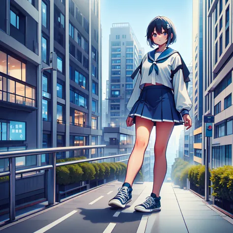 5000m miki hayaka, the city is at your feet, wear light blue sneakers, it stands on a building，overlooking the town, a girl tall...