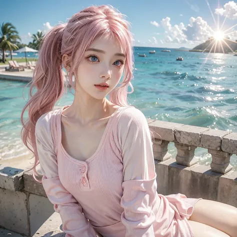 Light pink hair, Pink Eyes, Pink and white, blue sky, Vibrant colors, blouse white、Splash, Light Racing, Wavy long hair、Splash、Light of the sun、Pigtails、One Woman