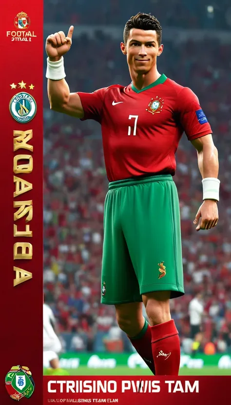 1 men,football star,Cristiano Ronaldo,celebration,Pixar style,3D,ultra high definition,8K,high quality,master,masterpiece,simple background,owo style,Portuguese national football team,Portugal national team jersey,red jacket,green shorts,