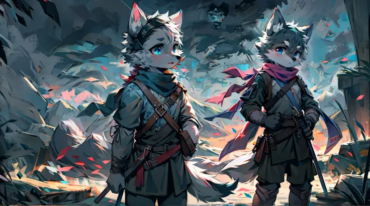 Wolf，juvenile，male，Gray-black fur，Sky blue eyes，Ancient combat uniform，scarf，Holding a long sword，Scabbard back，permanent，The only one,dawn，illumination，Break