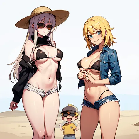 two sexy women in looking at 4 years old boy with blonde hair and shorts, flirtatious smiles, women have various hair colors and hairstyles, women have sunglasses and sunhats