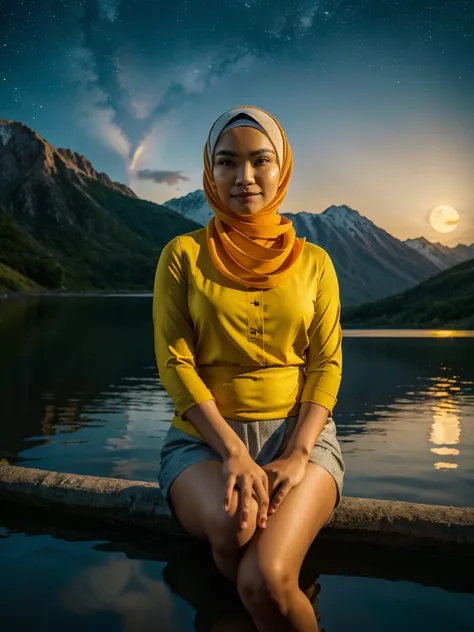 A very starry night. Big moon behind the mountains. The calm lake reflects the night. a beautiful Indonesian woman wearing a hijab, yellow shirt, sitting with her knees propped up, sad expression, realistic scene, detail, Photorealism, 16k