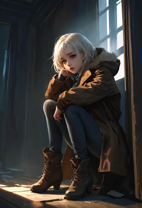 (Suspense scenes ((Concept Art)), A girl with rich details，Wearing jeans、Brown coat and boots), (Better lighting, Better shadows, Extremely subtle and terrifying), (Digital Illustration), ((4K)), [(Dynamic Angle,((1 Girl)),White hair, (Pretty Face, Perfect...