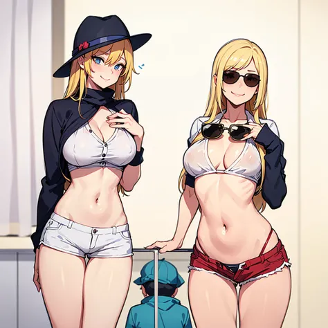 two sexy women in kindergarten teachers outfits, looking at 4 years old boy with blonde hair and shorts, flirtatious smiles, women have various hair colors and hairstyles, women have sunglasses and sunhats