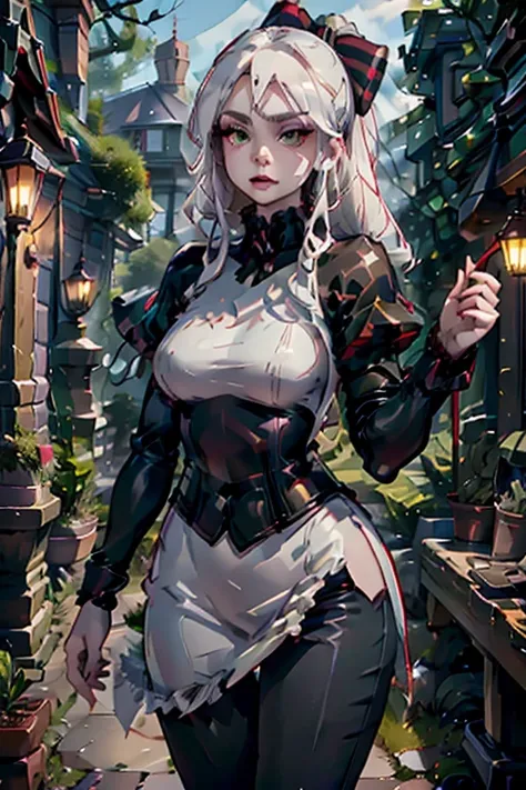 A young white haired woman with green eyes and an hourglass figure in a leather jacket and jeans is gardening in a magical herb garden at night
