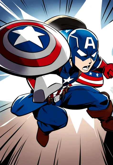 Superhero Captain america in action with a his shield simple cartoon style character