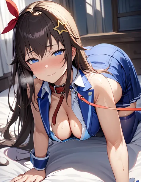 SoraBase, long hair, star hair ornament, hair ribbon, blue eyes, blue vest, sleeveless shirt, red ribbon, navel, wrist cuffs, blue skirt, blue thighhighs, thigh ribbon, waist cape,aged up,milf,,,(masterpiece),(best quality),(ultra-detailed),(best illustrat...