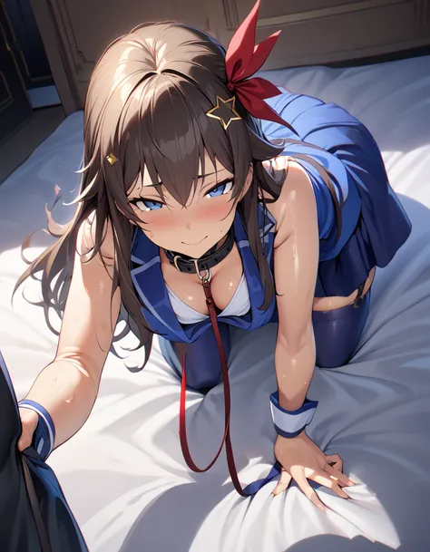 SoraBase, long hair, star hair ornament, hair ribbon, blue eyes, blue vest, sleeveless shirt, red ribbon, navel, wrist cuffs, blue skirt, blue thighhighs, thigh ribbon, waist cape,aged up,milf,,,(masterpiece),(best quality),(ultra-detailed),(best illustrat...