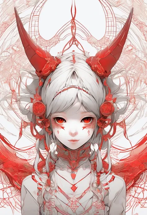 A small, cool-looking girl is sitting upright and looking at the viewer.、A terrifying demon mask is depicted in the background.、White background、Red Line、Fractal Art Lines、Zendangle Art、Masterpiece、Ultra-detailed、8K