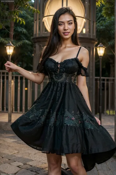 photorealistic, best quality, (hyper detailed: 1.4), (((posing:1.3))), long distance shot, great body, photosession, green eyes, dark black hair, Detailed eyes, ((wearing dress:1.5)), (Highly detailed face:1.4), beautiful young asian woman, laughing, exudi...