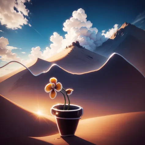 A flower in the desert, background with a blue sky and white clouds, scorching sun