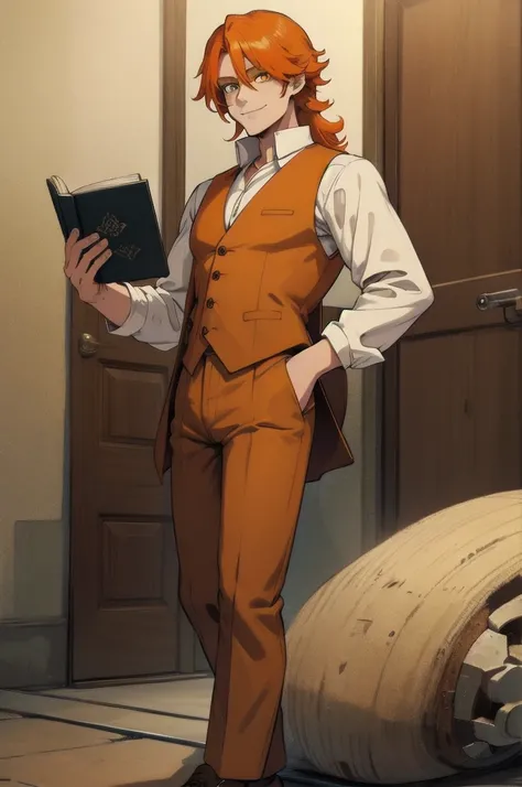 1man, solo, long orange hair, yellow eyes, white button up, brown vest, brown pants, shoes, smile, holding book