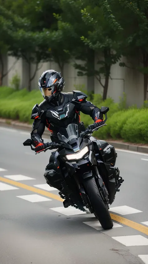 Handsome full body black mecha White short hair cyber handsome warrior, Black cybernetic motorcycle, High-tech black full face helmet, White short hair, Noel, biology, MSHN Staff, High-tech helmet, Surrealism, steel, Complex design, Crazy details, Fine det...