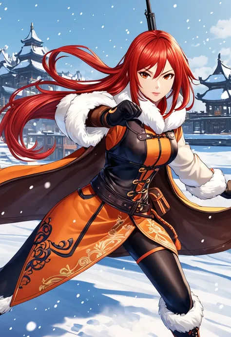 Huntress holding rifle,Snow Fighting Pose,East,Blade and Soul,Ink style,Long red hair,Leather and fur coats,cold,artwork,3d,4K,detailed,Practical