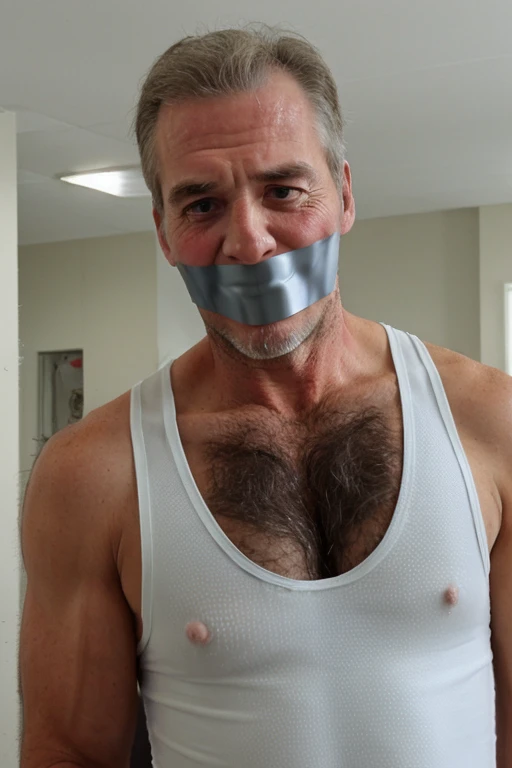 Old man, white singlet, tape gag, hairy chest, brown hair