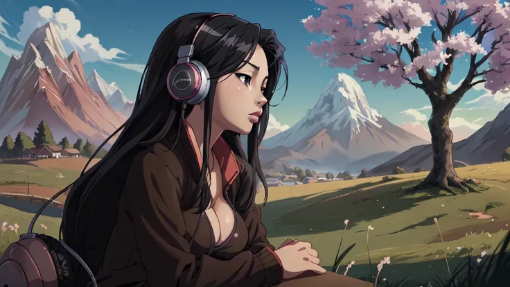 Anime girl with headphones and a cherry tree in the background sam yang, 1girl, black hair, breasts, closed mouth, day, grass, headphones, lips, long hair, mountain, outdoors, profile, shadow, small breasts, solo, tree , ((masterpiece)) anime background ar...