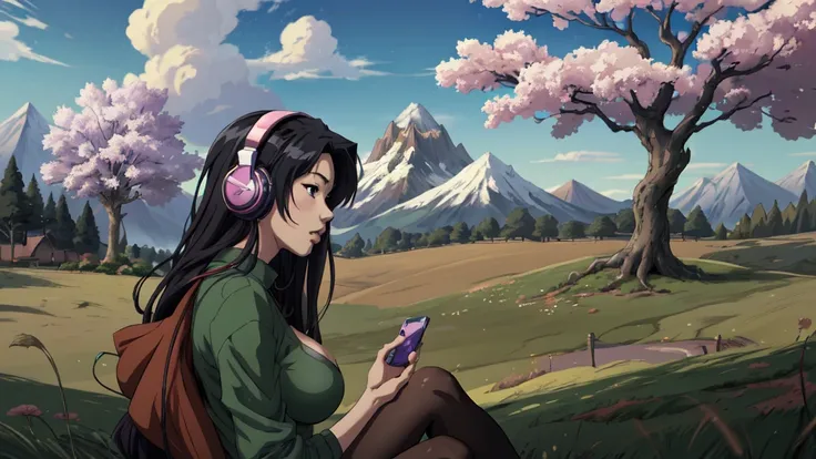 Anime girl with headphones and a cherry tree in the background sam yang, 1girl, black hair, breasts, closed mouth, day, grass, headphones, lips, long hair, mountain, outdoors, profile, shadow, small breasts, solo, tree , ((masterpiece)) anime background ar...