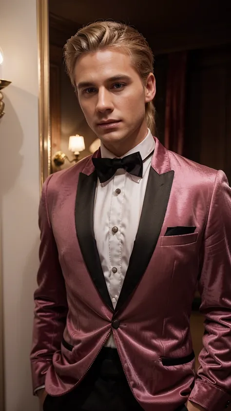 Ultra-realistic, cinematic, man, 29 years old, blond hair hair, side parted hairstyle , clean shaven, hourglass body type, wears pink velvet dinner jacket, white evening shirt, black bow tie, in opera, evening