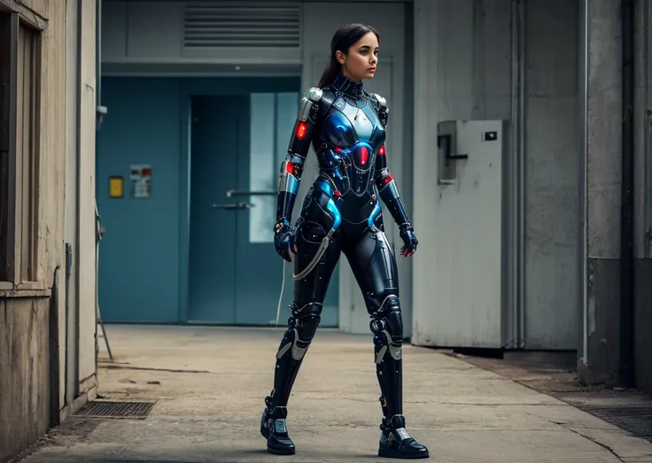 A full body girl ; walking like this in front with a worried face , a cybernetic suit 