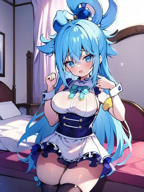 (masterpiece, Best quality: 1.2), solo, 1 girl, Konosuba ,aqua, surprised face, open mouth, looks at the viewer, detailed clothing, detailed fabric, Hair rings, maid, lace, stockings, Medium breasts, middle thighs, Bedroom, Bed, rack,cowboy shot