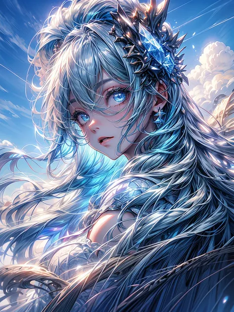 One beautiful woman、Long Field Angle、Highest quality、Super detailed、masterpiece、Transparent light blue hair、Crystal-like hair、Blue eyes that shine like jewels、Flowing hair、Sky、Standing on a steep cliff、Above the Clouds、Spectacular views、mysterious