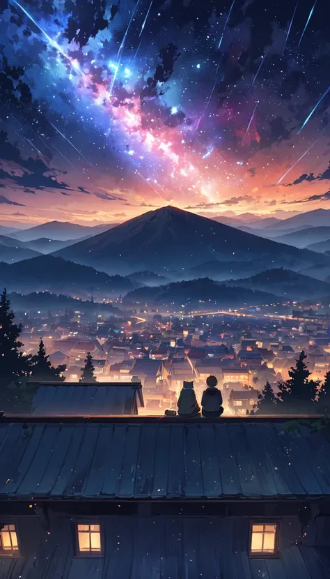 anime painting inspired by Makoto Shinkai, space art, sideways gray Norwegian forest cat sitting on the roof of a building looking at the sky, mysterious, fantastic, meteor shower, intricate lights, twinkling city lights,