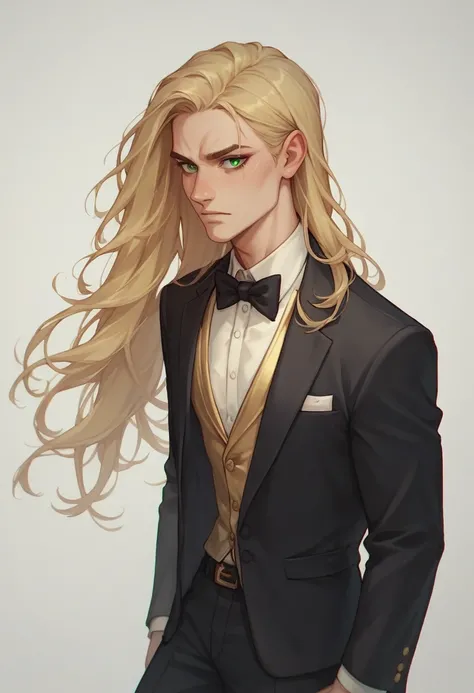 Long blonde hair、Green Eyes、Handsome、prom、Gold Tuxedo