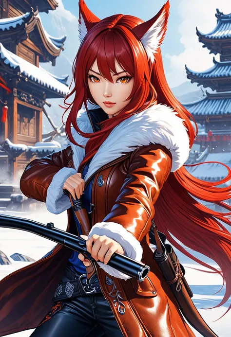 Huntress holding rifle,Snow Fighting Pose,East,Blade and Soul,Ink style,Long red hair,Leather and fur coats,cold,artwork,3d,4K,detailed,Practical