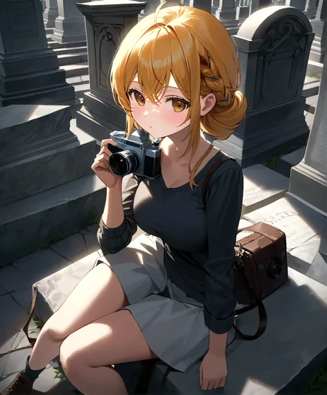 ((Best Quality, 8K, Masterpiece: 1.3)), 1girl, Beauty: 1.3, (Hairstyle Casual,) sitting on a gravestone, upwards camera angle, Super Fine Face, sexy