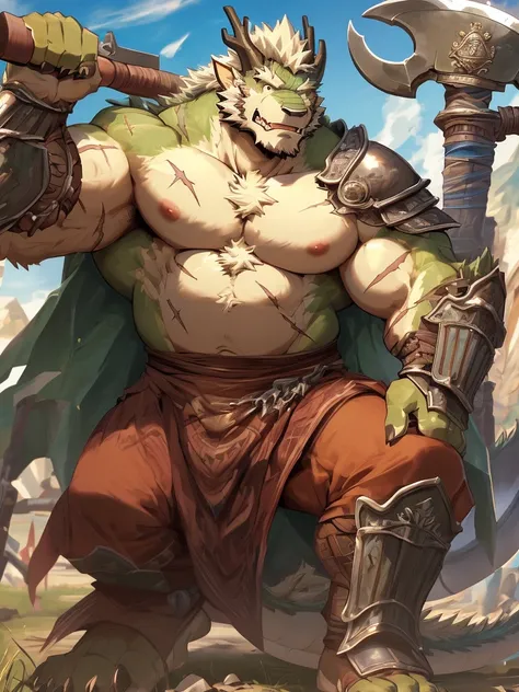 a furry eastern dragon, long whisker, green fur, bare chest, big chest, big build, warrior waist armor, sandal, ((eastern dragon), ((green dragon)), ((waist armor)), furry art, full body, mature, tall, daddy, muscular, rounded face, ((no coat)), ((berserke...