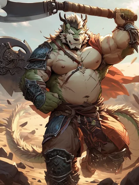 a furry eastern dragon, long whisker, green fur, bare chest, big chest, big build, warrior waist armor, sandal, ((eastern dragon), ((green dragon)), ((waist armor)), furry art, full body, mature, tall, daddy, muscular, rounded face, ((no coat)), ((berserke...