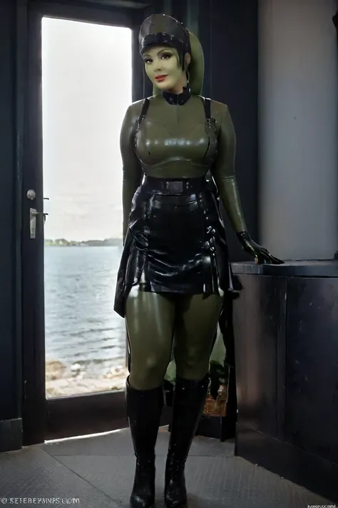 , cinematic film still hera syndulla, (green skin:1.2), grin at canal, full body shot, highly detailed environment . imperail officer wearing a black uniform with a skirt, standing in a dark interior, highly detailed, high budget Hollywood movie by baz luh...