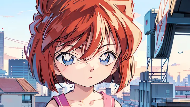 anime style, (1girl in, Solo:1.0), (Haibara Ai), ((Short pants)), (((Big eyes))), (Cute anime girl head), (flat chest),looking at viewer,With a height of 100cm, shoot from front, (head shot), Simple line minimalism, Abstract Art, City background, anime ope...