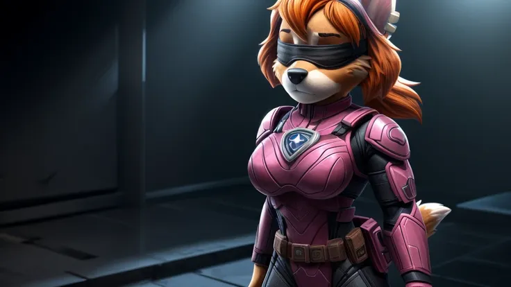 skye from paw patrol, female cockapoo, anthro, adult, orange hair, blindfold, she is blind, dark pink combat armor bodysuit, ser...