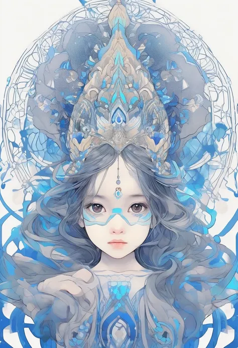 A small, cool-looking girl is sitting upright and looking at the viewer.、Long Hair、In the background, a mask of a kind goddess is painted large.、White background、Blue Line、Fractal Art Lines、Zendangle Art、Masterpiece、Ultra-detailed、8K