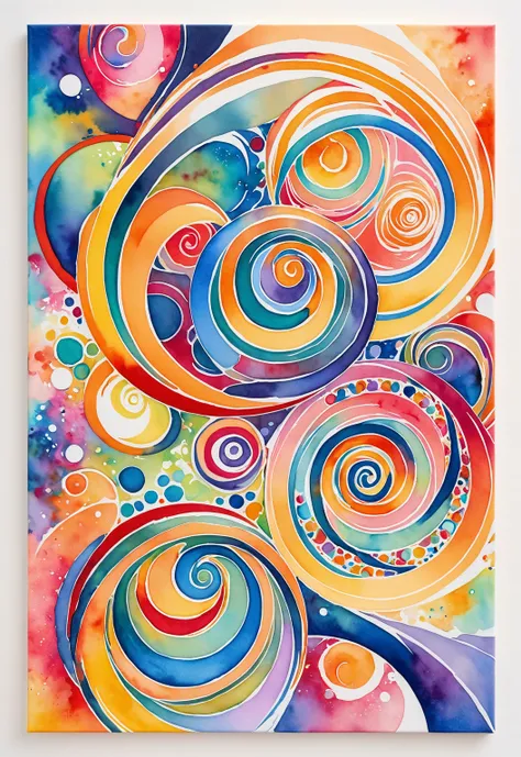 A colorful abstract painting with a spiral design, Gouache on paper, Acrylic painting on canvas, Full Color Mixed Media, Abstract Style, Watercolor expressionism, Soft organic abstract, Complex Curves Watercolor