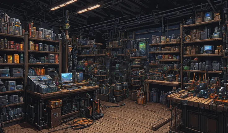 Equipment shop内的样子,Beautifully detailed pixel art, Equipment shop内 setting, Equipment shop, Detailed fantasy illustration, Realism of complex objects, Detailed 4k , 4K detail art, Detailed 4k, Detailed fantasy digital art