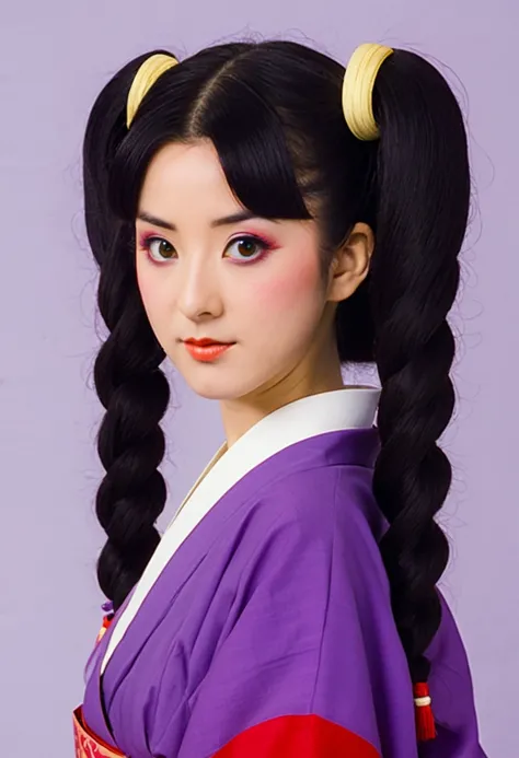 A Ghiblis studio character (2D). She have her black hair tied in a long pigtails. She wears traditional oiran clothes purple red