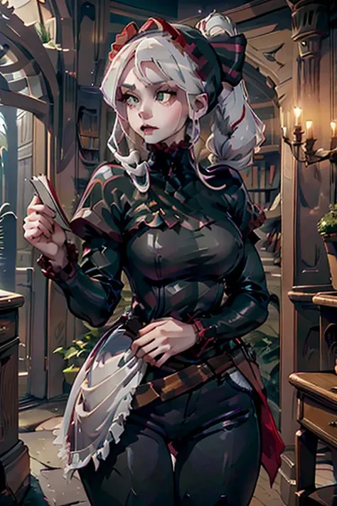 A young white haired woman with green eyes and an hourglass figure in a leather jacket and jeans is searching for a book in a gothic library