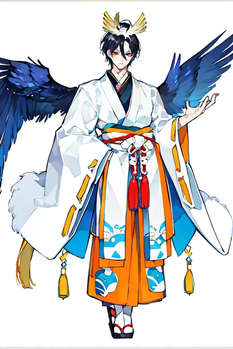 (1 boy), solo, solo, Full body standing painting, Japanese clothing, A pair of top crane wings，Feather hair accessories，feature, White background, Onmyoji detailed art, Traditional oriental art style, Beautiful style, That style, masterpiece, Top quantity,...