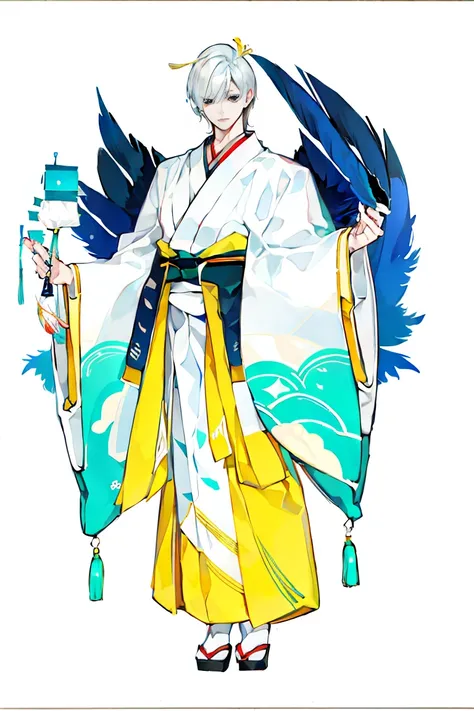 (1 boy), solo, solo, Full body standing painting, Japanese clothing, A pair of top crane wings，Feather hair accessories，feature, White background, Onmyoji detailed art, Traditional oriental art style, Beautiful style, That style, masterpiece, Top quantity,...