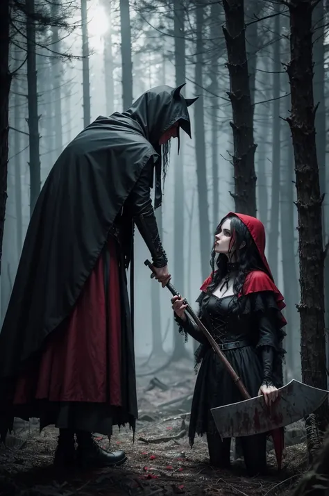 Gothic red riding hood holding the a bloody ax, standing over a dead wolf on the ground, bloody, fancy, comely, chic, Lens flare, intrincately detailed, blood splatters, tenebrosa, back-illuminated, Gothic, moonlights, forst, horor, grim, water colour, Ill...