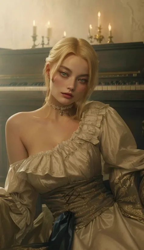 blond woman in a dress sitting on a piano in a room, pretty margot robbie vampire, portrait of kim petras, yelena belova, gorgeous lady, in victorian aristocrat, sophie turner, olya bossak, in a high renaissance style, malcom liepke, victorian style costum...