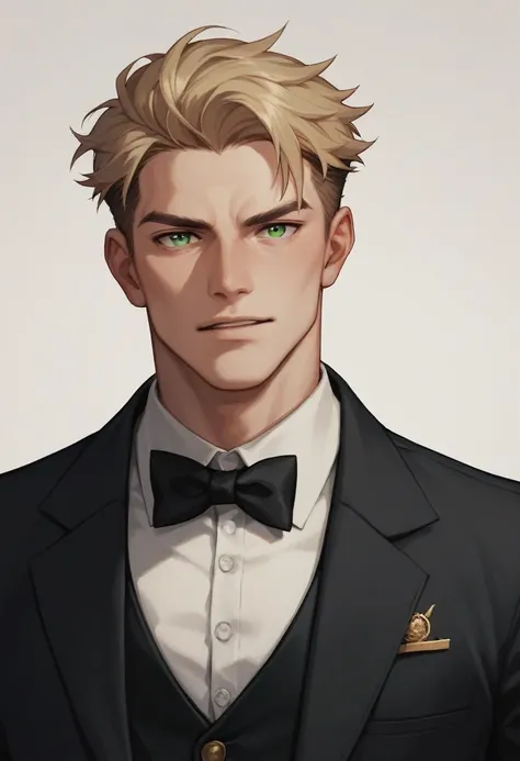 A handsome man with blond hair, green eyes and a gold tuxedo
