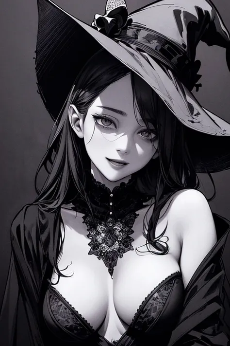 Highest quality, (Background details), High Contrast, Very beautiful woman, Detailed original illustrations、functional、witch、Pointed hat、Black Robe、Delicate face、attractive、Villainess、sexy、Real breasts、Crazy Smile, Crazy Eyes,  Head close-up, Black backgro...