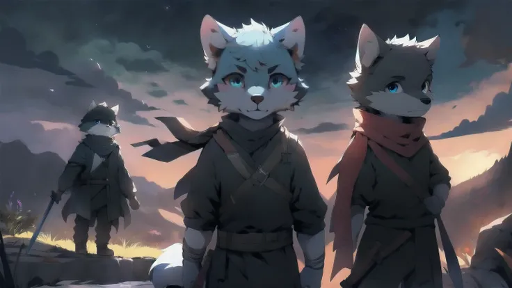 Wolf，juvenile，male，Gray-black fur，Sky blue eyes，Black combat uniform，scarf，Holding a long sword，scabbard，Draw the sword，permanent，The only one,dawn，illumination，Break，bust