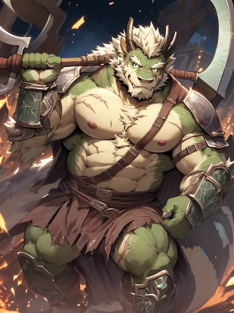 a furry eastern dragon, long whisker, green fur, bare chest, big chest, big build, warrior waist armor, sandal, ((eastern dragon), ((green dragon)), ((waist armor)), furry art, full body, mature, tall, daddy, muscular, rounded face, ((no coat)), ((berserke...